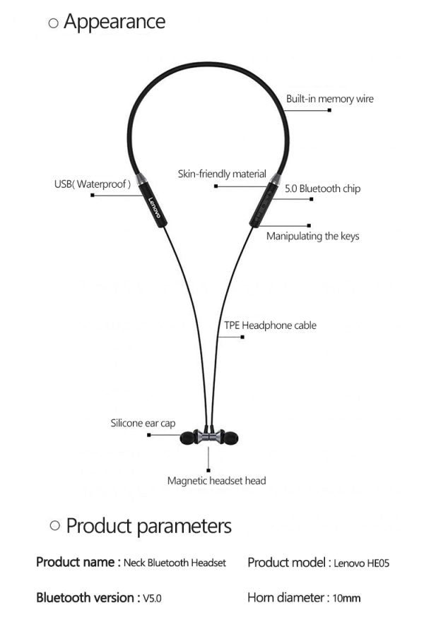 Lenovo He05 Wireless Bluetooth 5.0 Neckband Earbuds